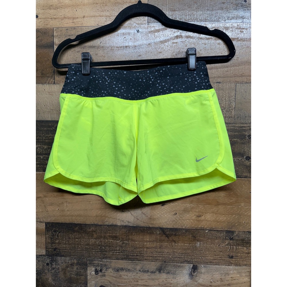Nike Dri-FIT Running Shorts Neon Yellow Black Geometric Waistband Womens 3in